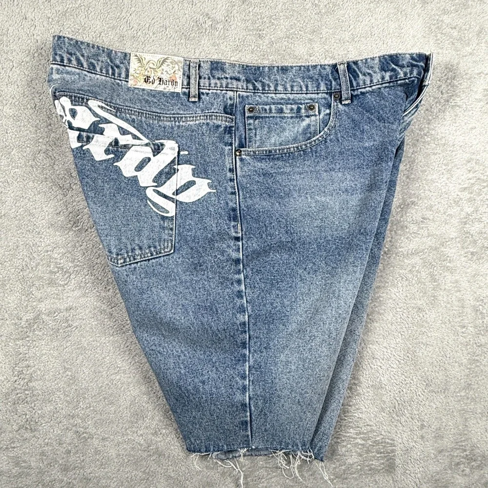 Ed Hardy Mens 40 Blue Denim Snake Panther Embroidered Raw Hem Jean Shorts Jorts